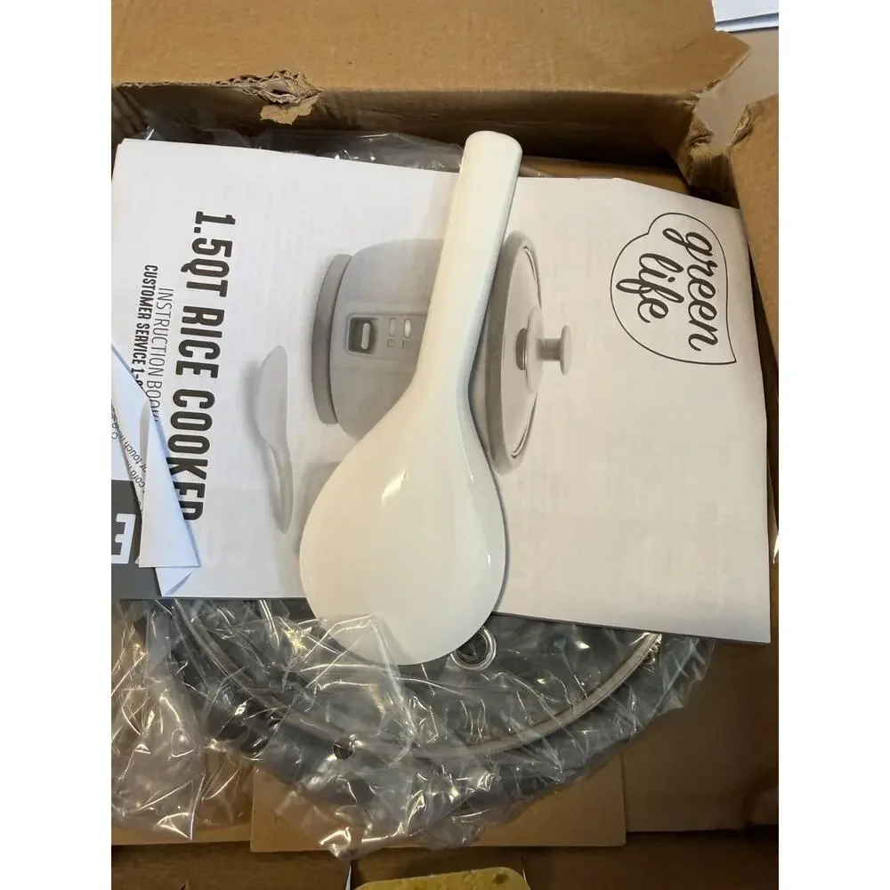 New GreenLife 1.5qt Rice Cooker in White Ceramic Nonstick Keep Warm Open Box